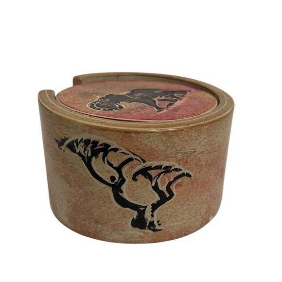 Safari Animal Soapstone Coaster Set | 6pc Hand Carved + Holder | Boho Vintage - Picture 5 of 12